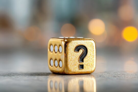 Close-up shot of a golden dice with a question mark face and other numeric faces on a bokeh backdrop