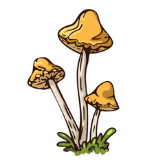 Illustration of a cluster of stylized mushrooms with yellow caps and white stems
