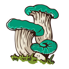 Illustration of vibrant green mushrooms with detailed shading and a whimsical style