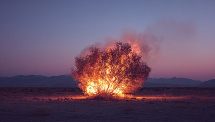 A blazing bush ignites in a desert landscape at dusk, under a gradient purple sky