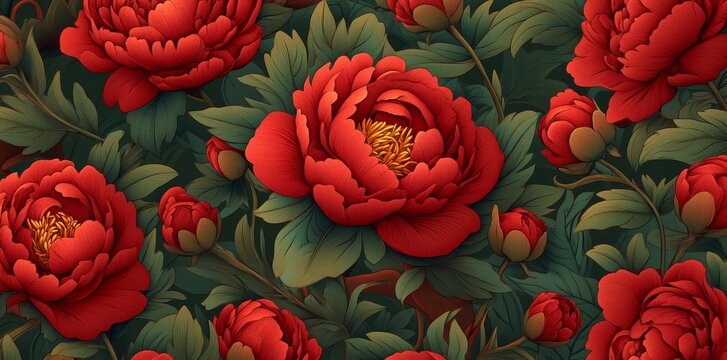 Red peonies set against a backdrop of green leaves form the basis of this botanical illustration intended for use as a background