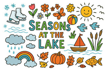 Fototapeta premium Seasons at the Lake. Seasons at the Lake. Colorful Hand-drawn doodle Children illustration snowflakes, ice skates, flowers, butterflies, sun, beach ball,