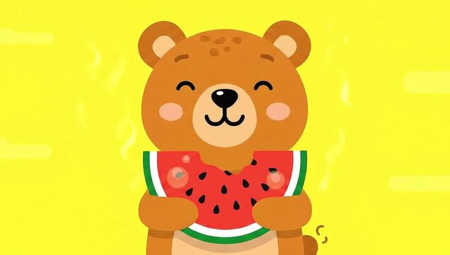 Cute Cartoon Bear Happily Eating a Juicy Watermelon Slice.
