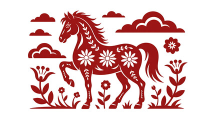 Chinese new year horse symbol with traditional red flowers and clouds festive decor