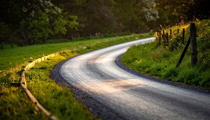 Winding country road at sunset