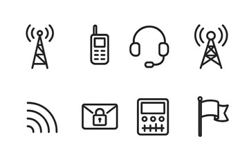 Scout Communication Icons. Outline icon set of scout vehicle communications: antenna tower, satellite phone, headset, radio tower, signal waves, encrypted
