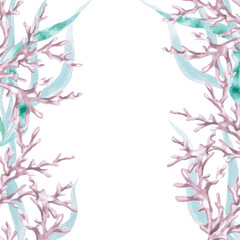 A square frame with corals in seaweed. Isolated watercolor illustration of sea creatures for children's interiors, cosmetics, greeting card designs, and themed holidays.