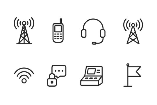 Scout Communication Icons. Outline icon set of scout vehicle communications: antenna tower, satellite phone, headset, radio tower, signal waves, encrypted