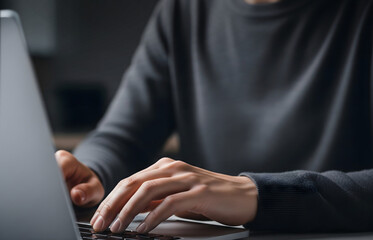 Professional Business Typing in Modern Office Setting, Hands on laptop keyboard in bright workspace environment