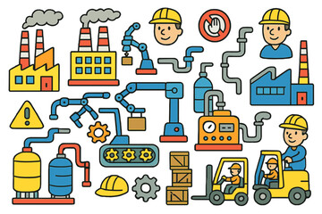 Obraz premium Colorful Factory Doodles. Factories. Colorful Hand-drawn doodle Children illustration chimneys, conveyor belts, machines, storage tanks, metal pipes, safety