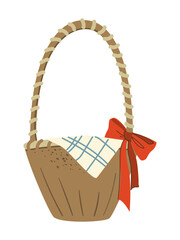 Gift Harvest Thanksgiving basket. Wicker basket present Flat hamper with bow ribbon vector Illustration gift present with fruits food gifts
