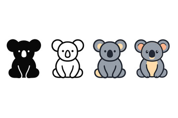Obraz premium Diverse Koala Icons. Vector icon koala bear same pose same proportions four styles black solid glyph outline minimal flat multicolor filled cartoon flat