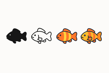 Stylized Fish Icons. Vector icon grouper fish same pose same proportions four styles black solid glyph outline minimal flat multicolor filled cartoon flat