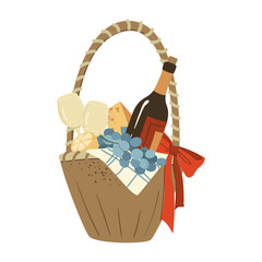 Gift Harvest Thanksgiving basket. Wicker basket present Flat hamper with bow ribbon vector Illustration gift present with fruits food gifts