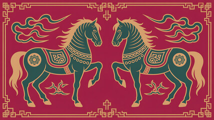 Majestic pair of green horses with fiery manes on red chinese new year celebration pattern