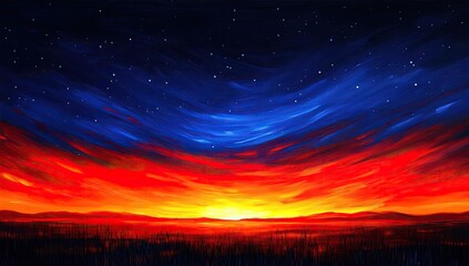 Obraz premium Fiery sky over field with vibrant, painted texture