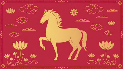 Golden horse chinese new year red background festive elements lanterns clouds lotuses celebration