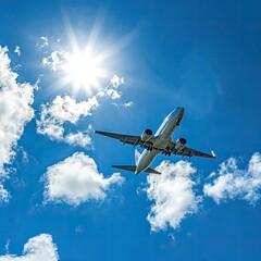 Airplane ascending into bright blue sky with puffy clouds