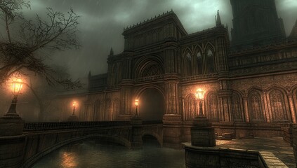 Gothic archway under heavy rain