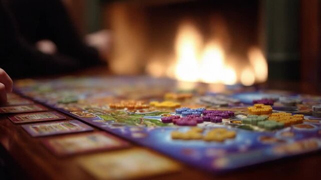 A Cozy Evening by the Fire: Engaging in a Colorful Board Game with Friends and Family, Perfect for Quality Time and Fun Gatherings