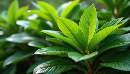 Close-up of green turmeric leaves. Fresh Curcuma longa plant with vibrant green foliage. Leaves have pointed tips and red edges. Plants are rich and healthy in natural setting.