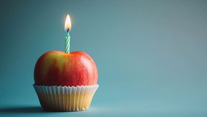 Apple "cupcake" with a lit candle against a blue backdrop