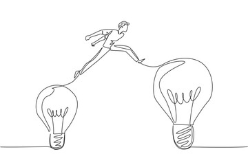Single one line drawing a man jumps from a small lightbulb to a large light bulb. Moving freely is the result of positive thinking. National Creativity Day. Continuous line design graphic illustration