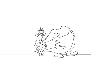 Continuous one line drawing a businesswoman sits on a broken lightbulb with both hands holds head. The plan failed completely. National Creativity Day. Single line draw design vector illustration