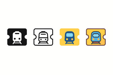 Stylized Train Ticket Icons. Vector icon train ticket same pose same proportions four styles black solid glyph outline minimal flat multicolor filled cartoon