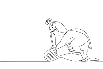Single continuous line drawing a businessman sits on a broken lightbulb with both hands holds head. Ideas that failed to be implemented. National Creativity Day. One line design vector illustration