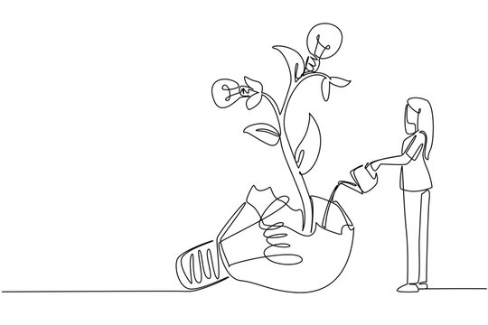 Single continuous line drawing a woman watering plant with lightbulb fruit growing from inside broken lightbulb. Forget past mistakes. National Creativity Day. One line design vector illustration - Powered by Adobe