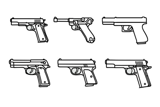 Historical Pistol Icon Set. Outline icon set of pistol historical models: Colt , Luger P08, Desert Eagle, Glock , Beretta M9, Smith & Wesson, Walther PPK,