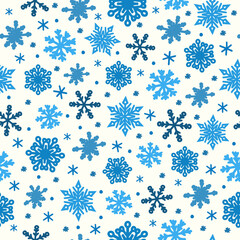 Seamless pattern with a hand-drawn blue snowflake. Winter festive background. Christmas and New Year's holiday decorations.
