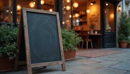 Blank chalkboard sign on sidewalk outside cafe. Wooden frame board displays empty space for text, menu or promotion. Restaurant storefront with warm lights in background.
