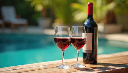 Red wine glasses and bottle rest on wooden surface next to blue swimming pool. Lush green foliage and lounge chairs visible in background. Sunny day relaxation.