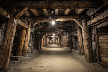 Obraz premium A dimly lit, aged wooden-beamed tunnel with rock walls, leading into the unknown depths