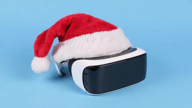 A VR headset with a Santa hat on a blue background.