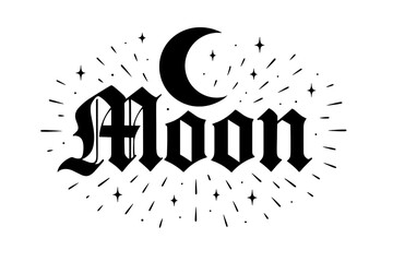 Mystical Moon Calligraphy. Moon, gothic calligraphy, mystical bold strokes, surrounded by sparks, horizontal balanced layout, clean white background, vector