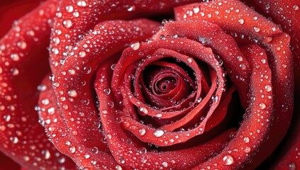 Red rose, dew-kissed, close up, detailed, symmetrical