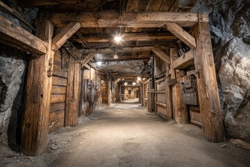 Interior of a historic wooden-supported tunnel with ambient lighting, textured walls, and a pathway