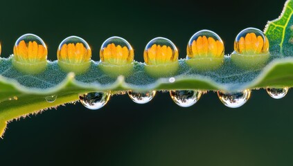 Dew drops line a leaf, reflecting a flower