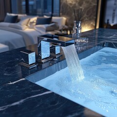 Bathroom close-up, marble counters, cascading water, bed blurred
