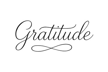 Gratitude Calligraphy Art. Gratitude, thin line calligraphy, smooth curves, balanced composition, clear readable letters, consistent style, none, none, clean