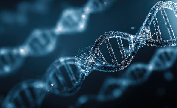 Conceptual depiction of a double helix structure in a deep blue ambiance