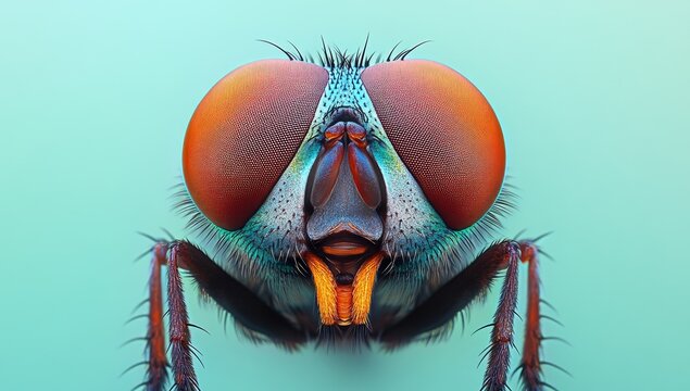 Fly's head, massive orange eyes, turquoise iridescent detail