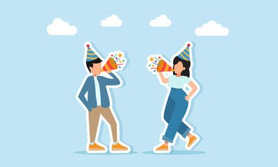 man and woman celebrating a party or festival wearing party hats and blowing trumpets illustration of a celebration concept for an event party or festival