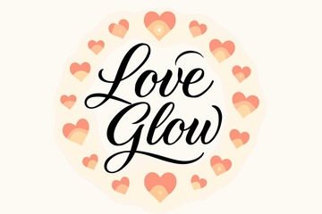 Love Glow Calligraphy. Love Glow, elegant calligraphy lettering with luminous romantic tone, surrounded by glowing hearts, circular frame composition, clean