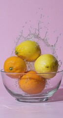 Citrus fruits burst in a glass bowl against pink