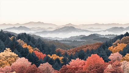 Autumn mountain range with colorful, misty forest scenery
