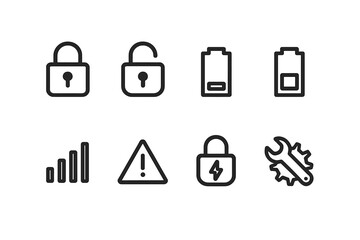 Smart Lock Icons. Outline icon set of smart lock status indicators: locked, unlocked, battery full, battery low, signal strength, error alert, tamper alert,
